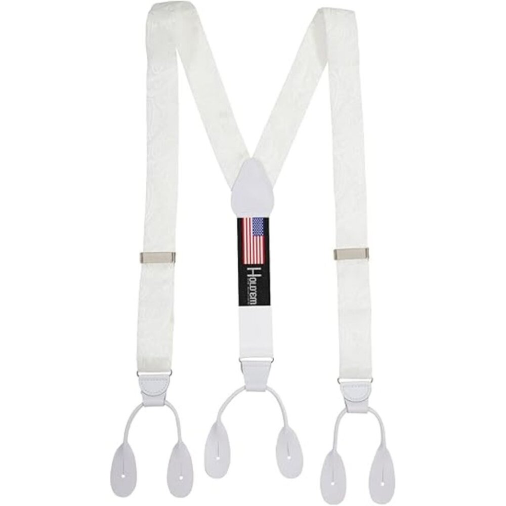 HOLD'EM 100% Silk Suspenders For Men Y-Back Button End – White Paisley